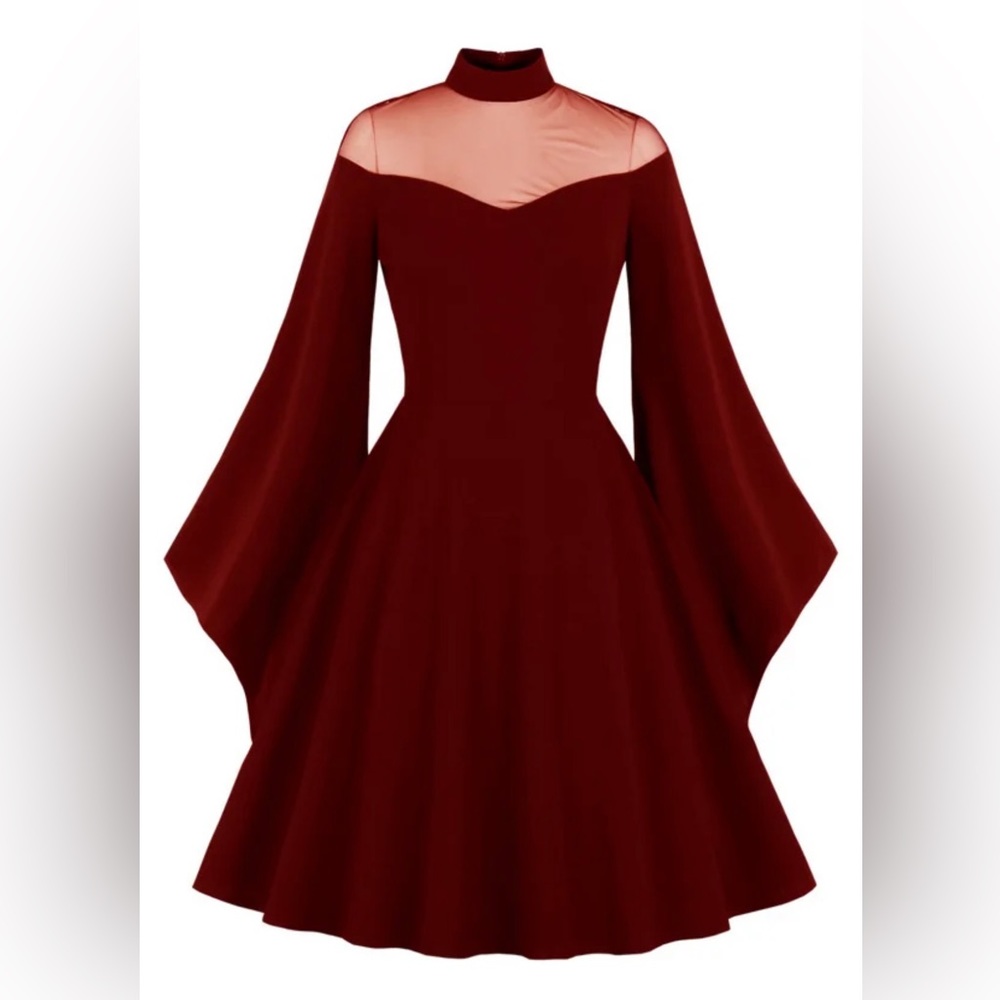 Burgundy bell sleeve retro style dress